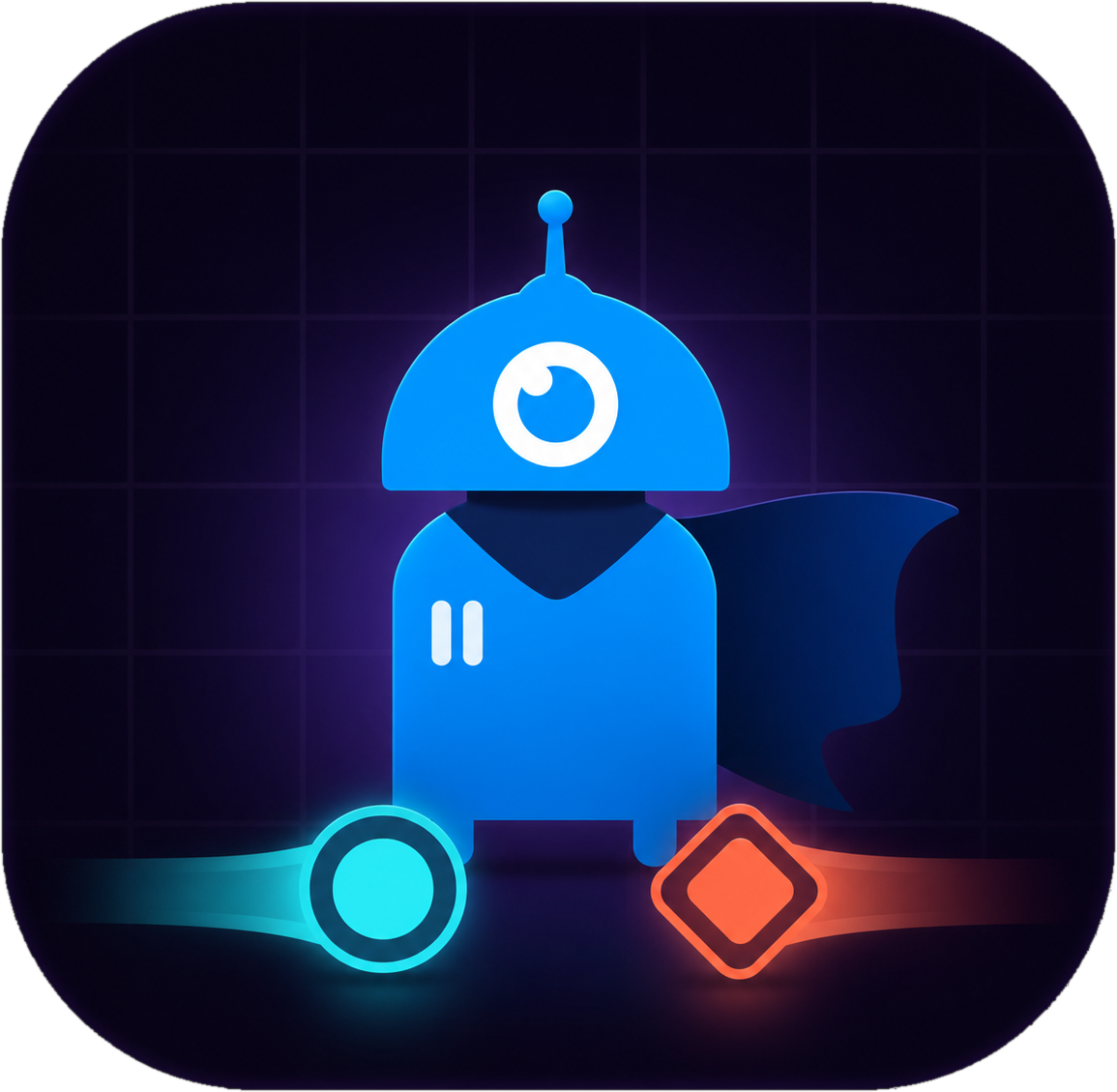 Bot Hero, the Twin Drift mascot: a blue robot with a dark cape standing between a glowing cyan circle and an orange diamond